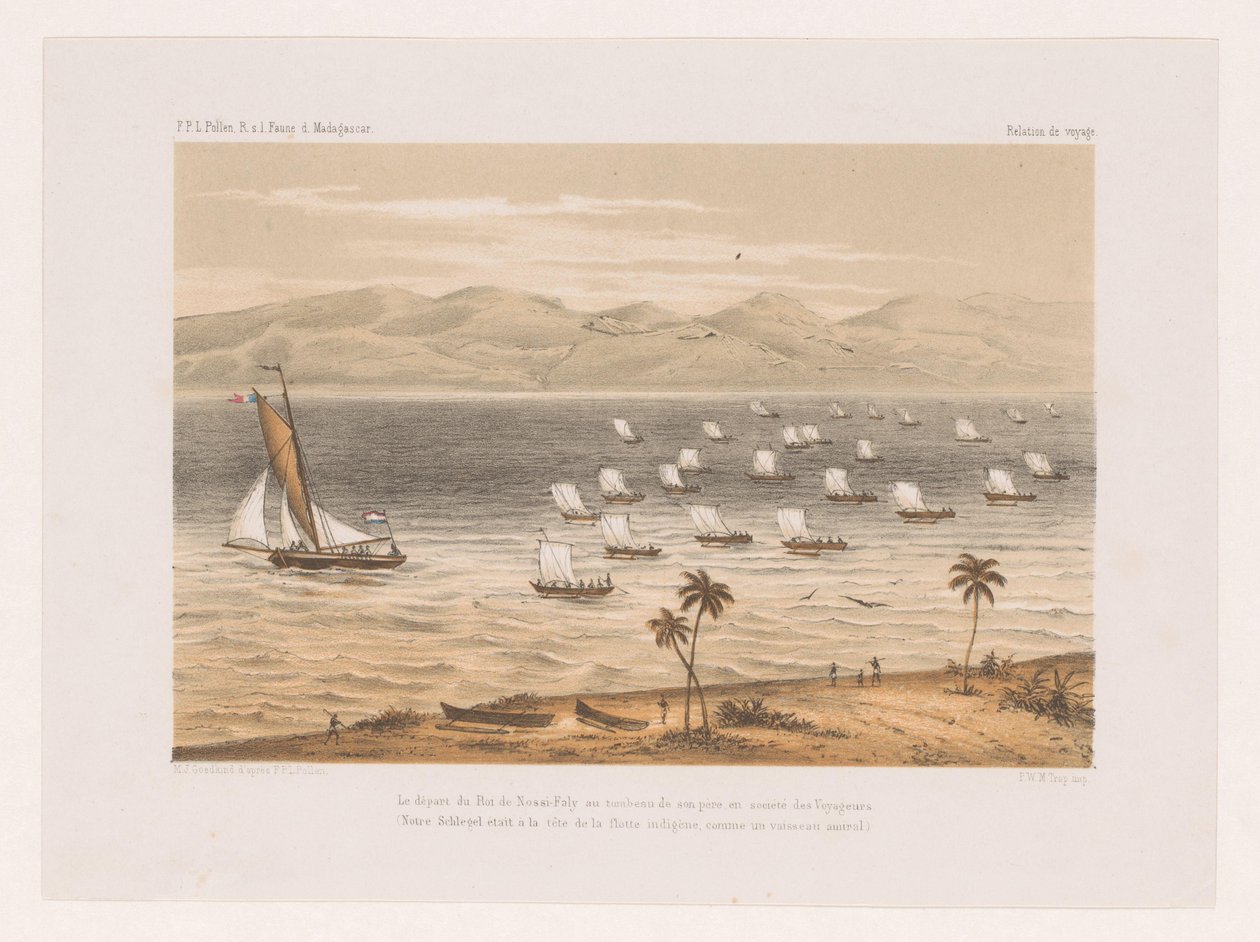 Kongen av Nossi-Faly dro til farens begravelse Le départ du Roi de Nossi-Faly au tombeau de son père en société des Voyageurs (...) (tittel på objekt) Reisen til François P.L. Pollen til Madagaskar (serietittel) F.P.L. Pollen R. s av Marcus Jacob Goedkind