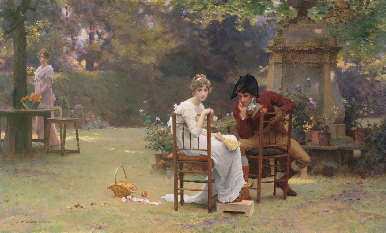Two's Company, Three's None, ca. 1892 (olje på panel) av Marcus Stone