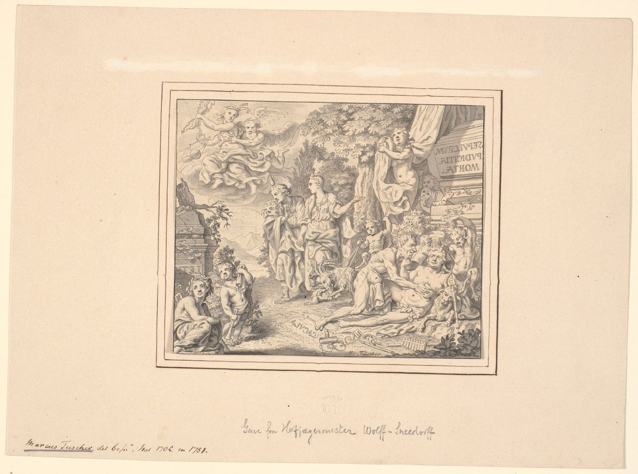 Allegorisk blad med den druknede Silenus og andre mytologiske og allegoriske figurer ved en sarkofag med inskripsjonen: "Sepulcrum pudicitiae mortae" av Marcus Tuscher