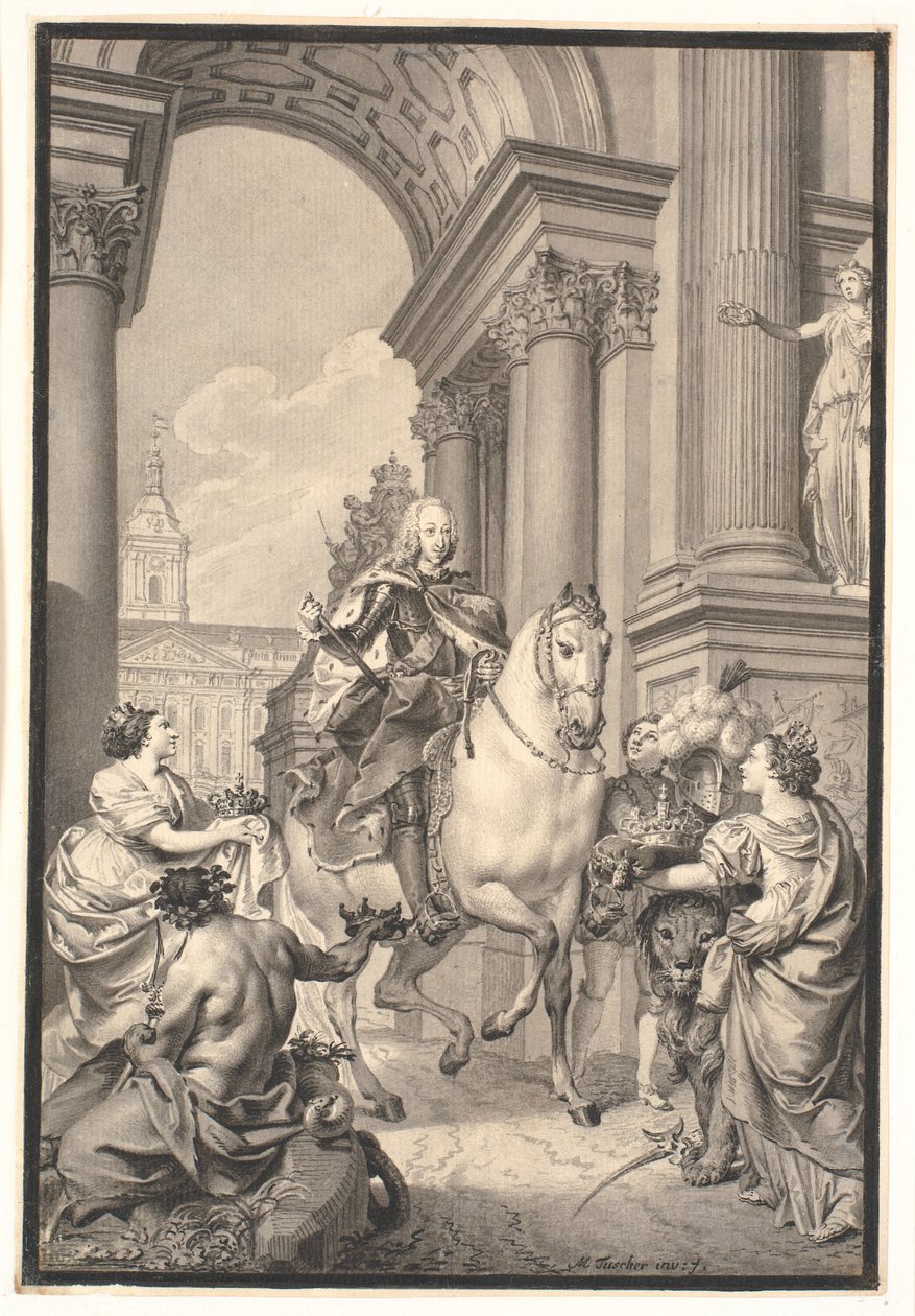 Forberedelse til maleriet: Danmark og Norge hyller Chr. VI (brent med Christiansborg 1794) av Marcus Tuscher