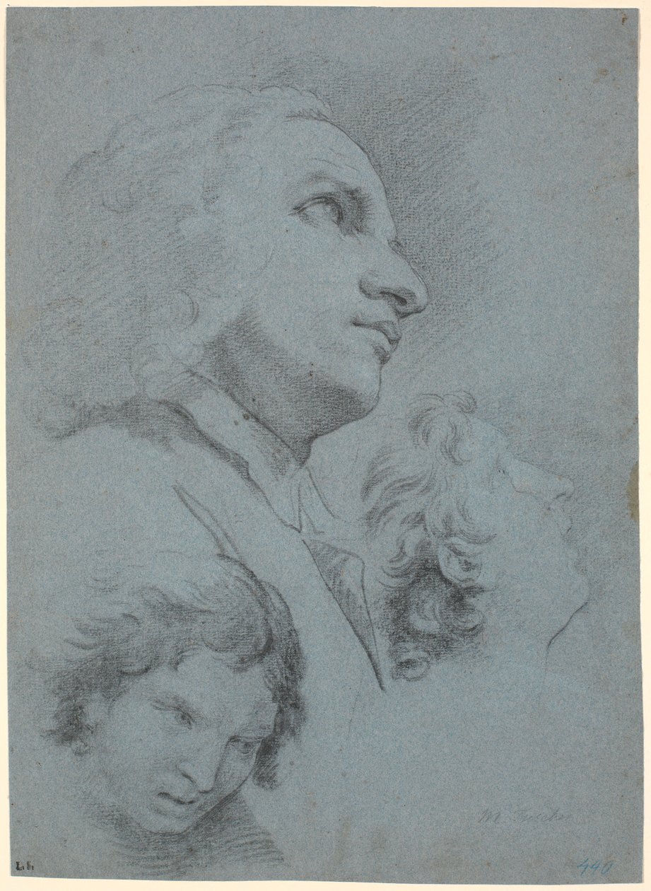 Studieblad med tre hoder. Studie for "The Miracle of San Giuseppe Calasanz" av Marcus Tuscher