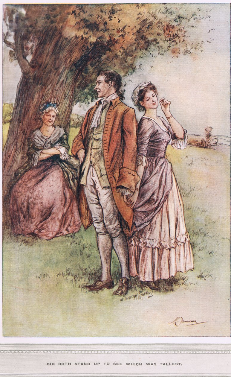 'Bi begge stå opp for å se hvilken som var høyest', illustrasjon fra 'The Vicar of Wakefield' av Oliver Goldsmith, ca. 1910 av Margaret Jameson