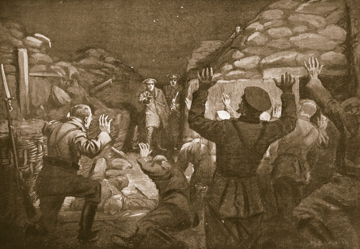 En tysk offiser og fjorten av hans menn roper om nåde til løytnant Leach (lito) av Margaret Dovaston