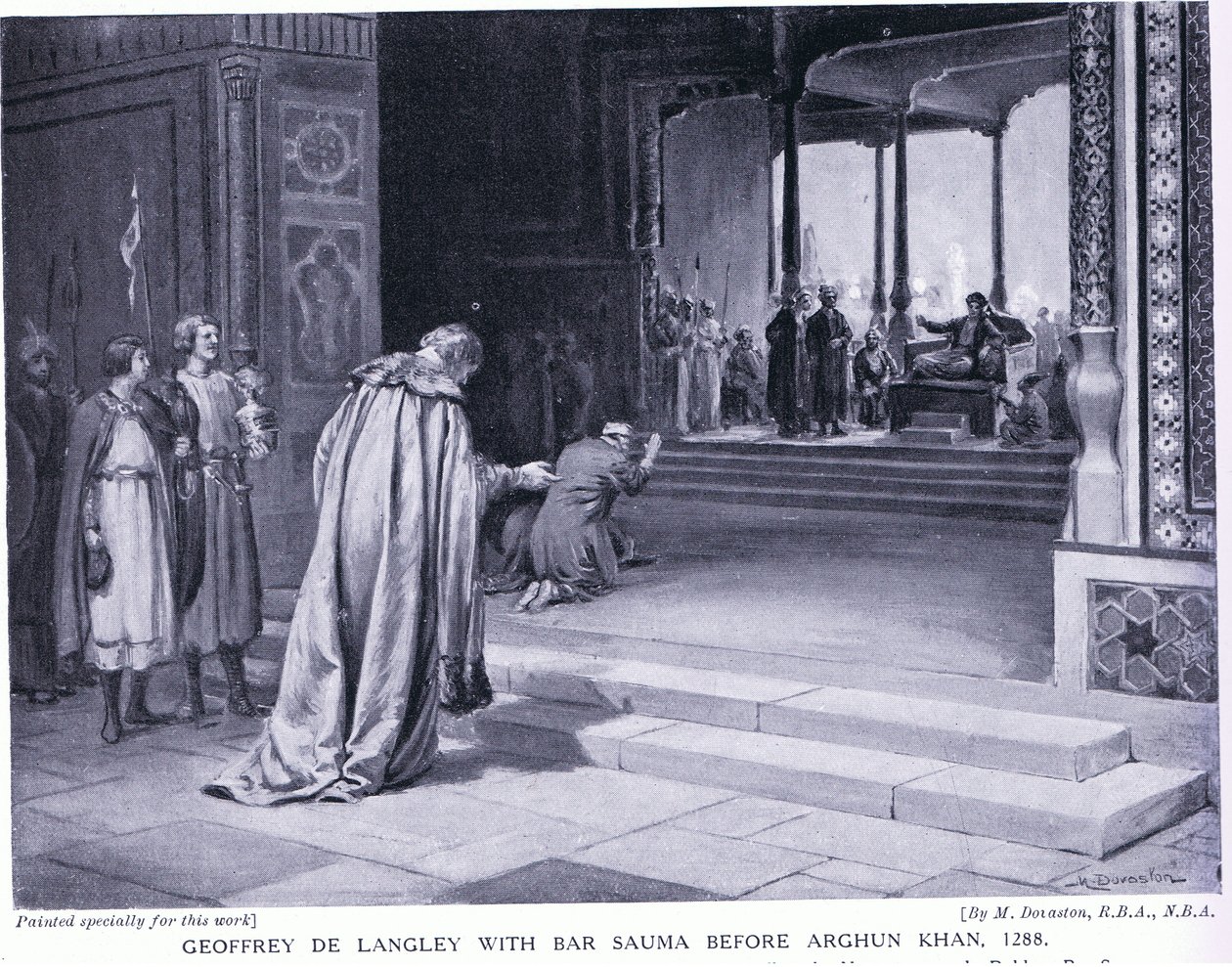 Geoffrey de Langley med Bar Sauma før Arghun Khan 1288 e.Kr. (lito) av Margaret Dovaston