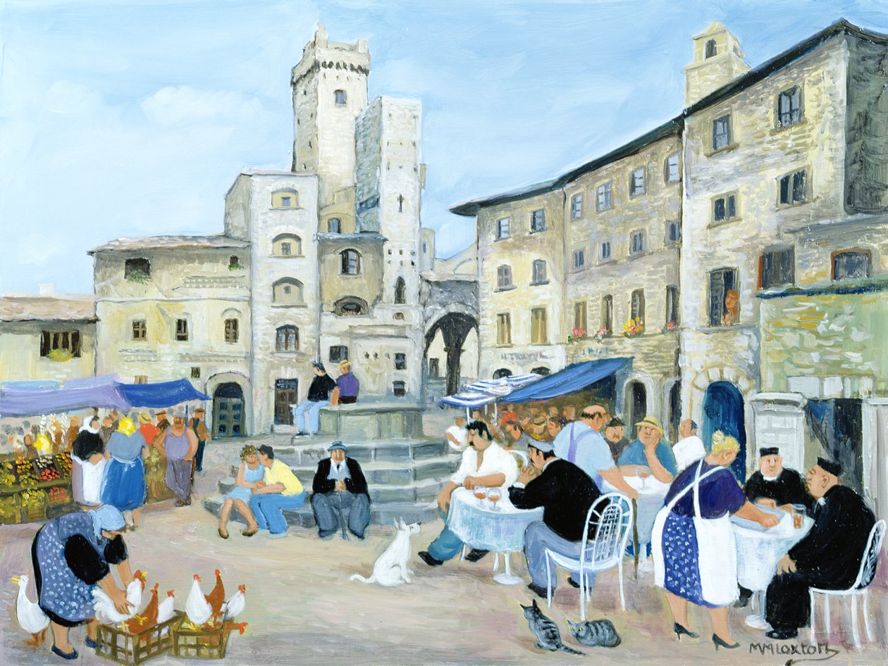 Lunsjtid på et markedstorg, Toscana (olje på lerret) av Margaret Loxton
