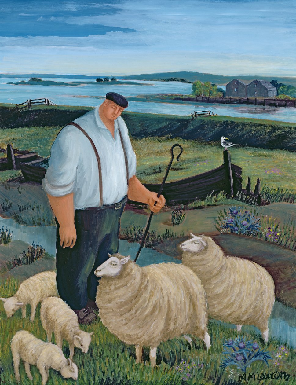Hyrde med sauer i elvelandskap av Margaret Loxton