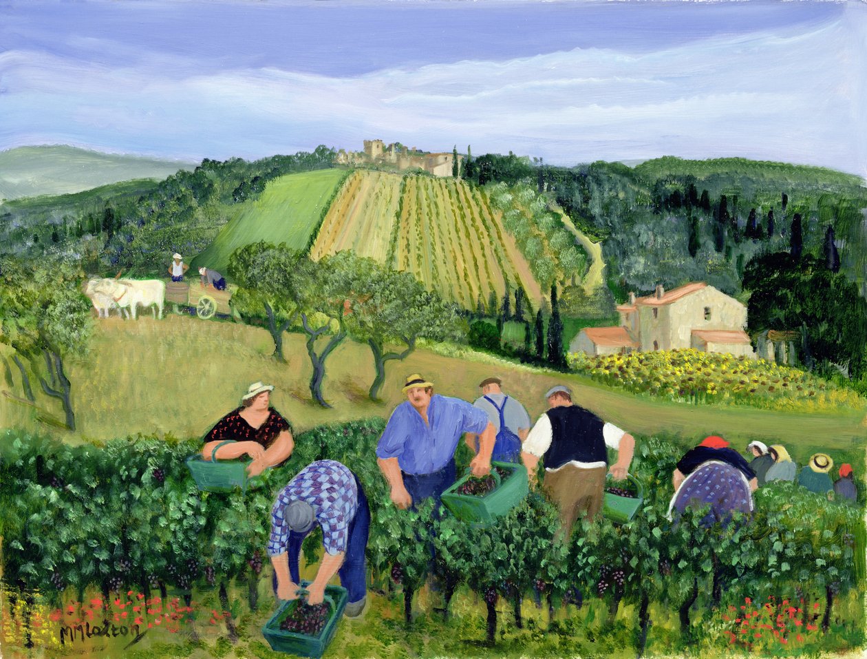 Vingård, oliven og solsikker (olje på lerret) av Margaret Loxton
