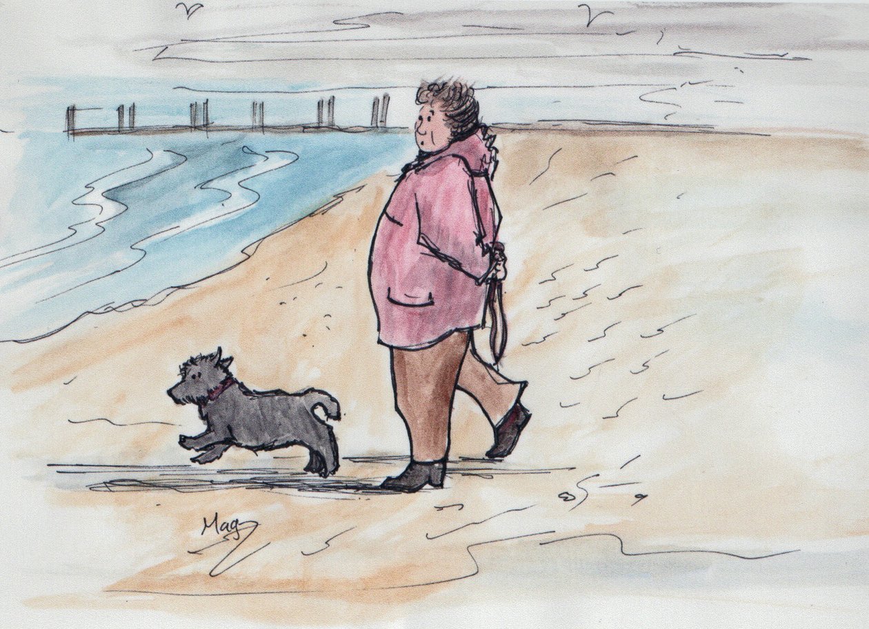 Turgåing med hunden - 03 (penn og akvarell) av Margaret Loxton
