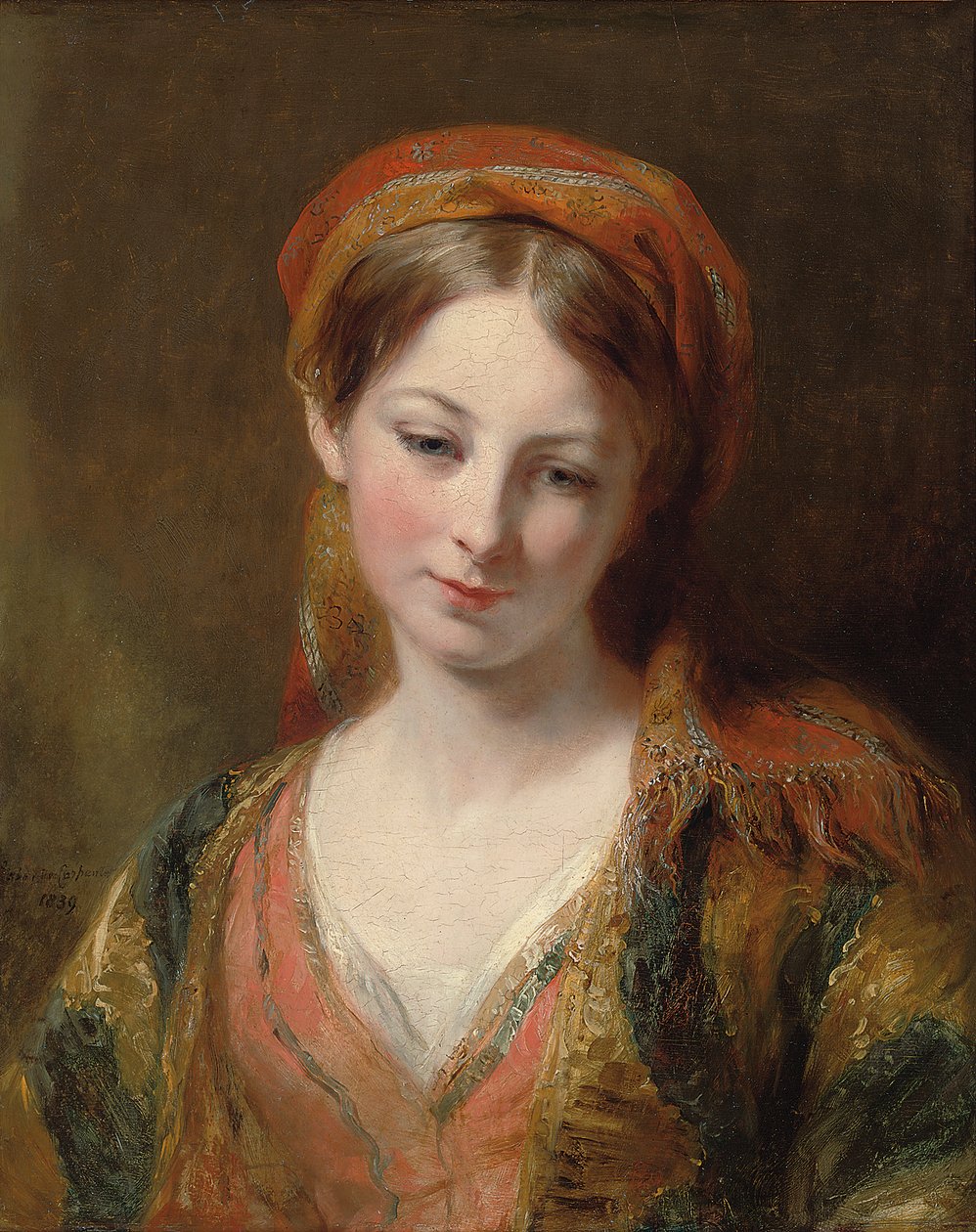 Portrett av en ung jente, antatt å være Henrietta Carpenter, bystelengde, i orientalsk kjole, 1839 av Margaret Sarah Carpenter