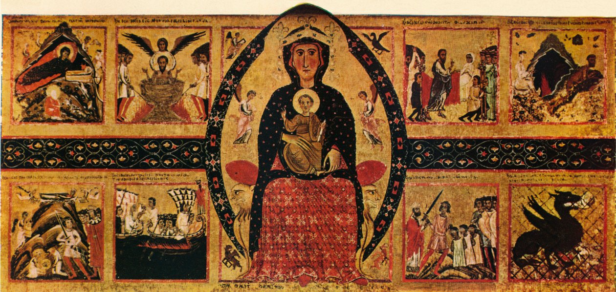 The Virgin and Child Enthroned, med narrative scener, c1263, 1911 av Margarito d