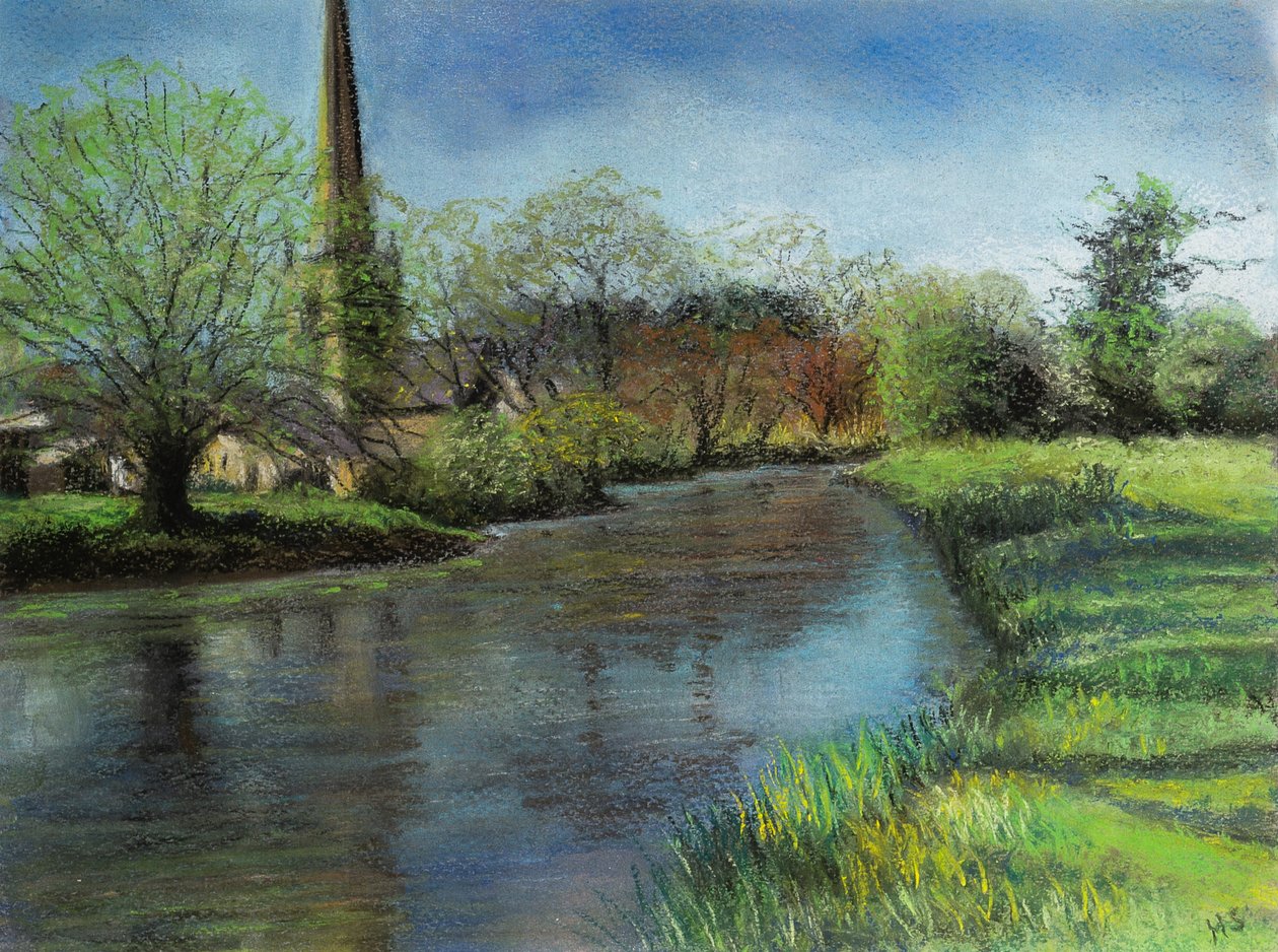 Burford kirke, Cotswolds, 2020 (pastell) av Margo Starkey