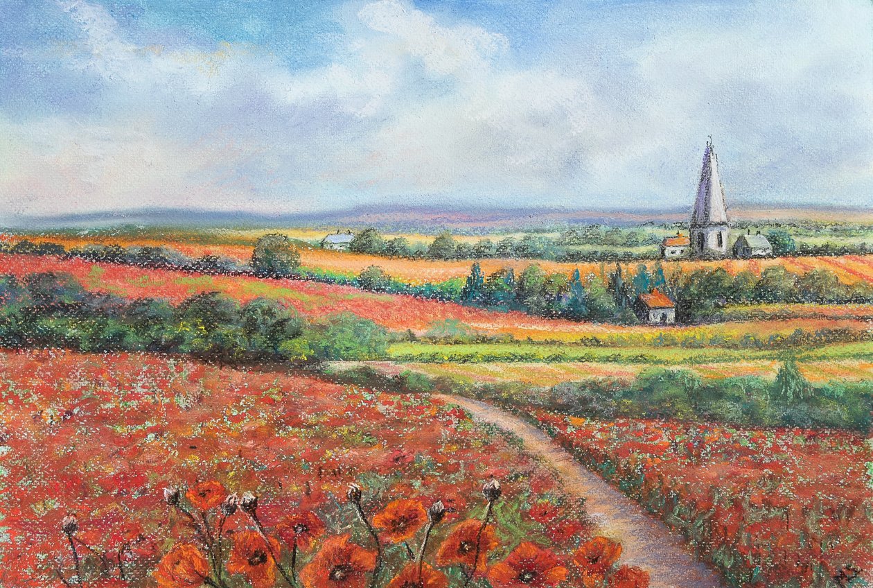 Cotswold valmuefelt, 2022 (pastell) av Margo Starkey