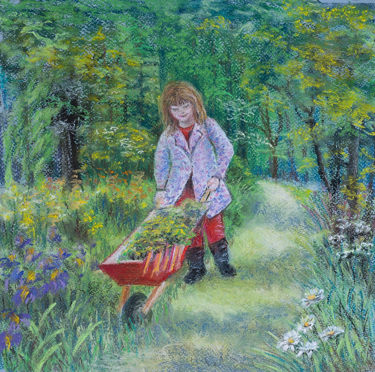 Hjelper bestefar i hagen, 2020 (pastell) av Margo Starkey