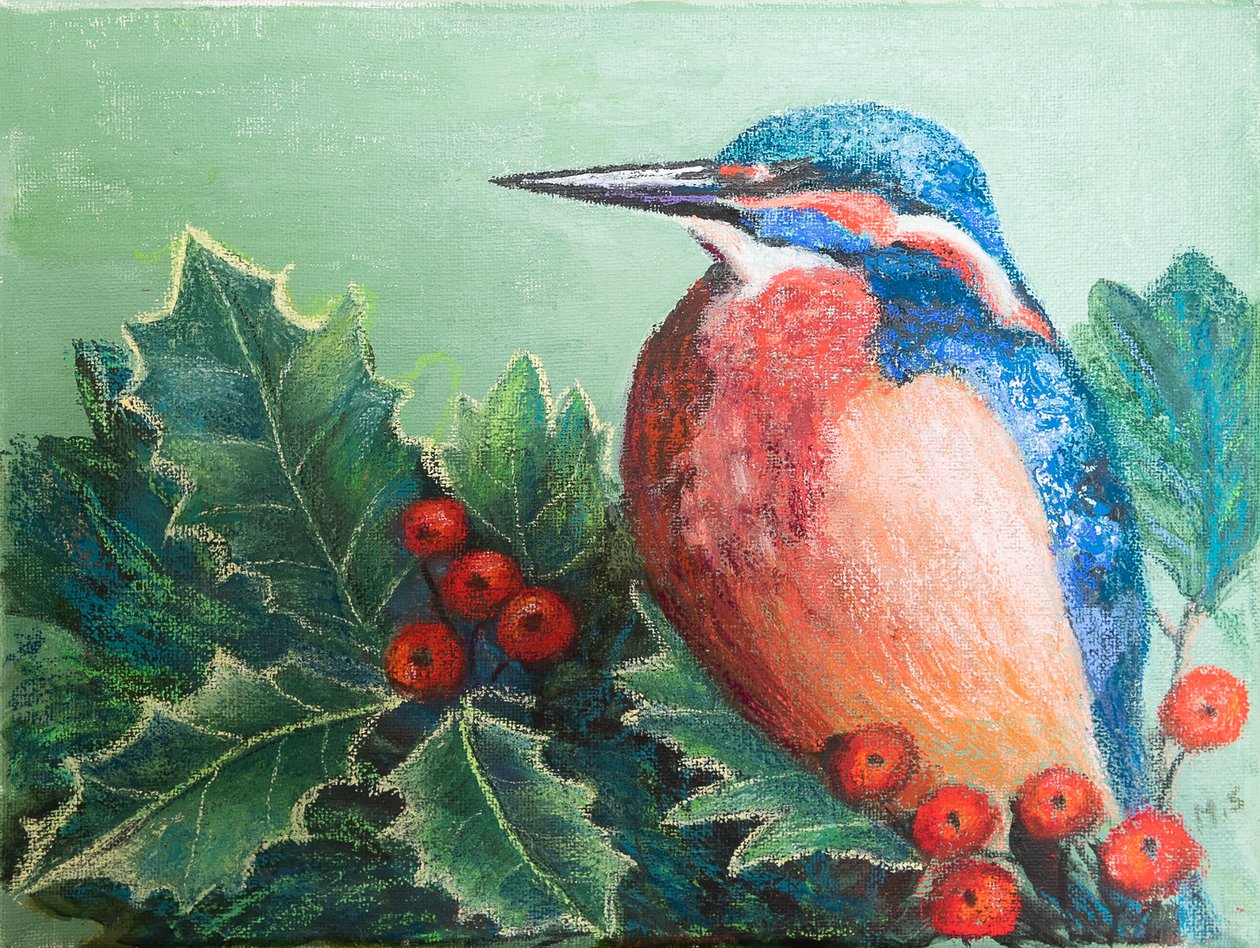 Kingfisher på bær, 2022 (pastell) av Margo Starkey