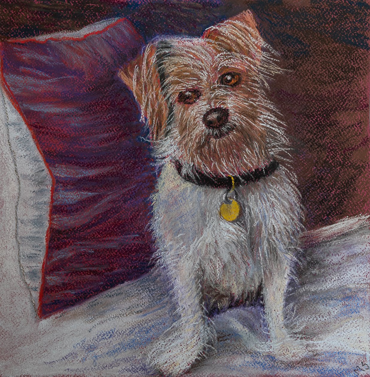Min lille hund på silkepute, 2020 (pastell) av Margo Starkey