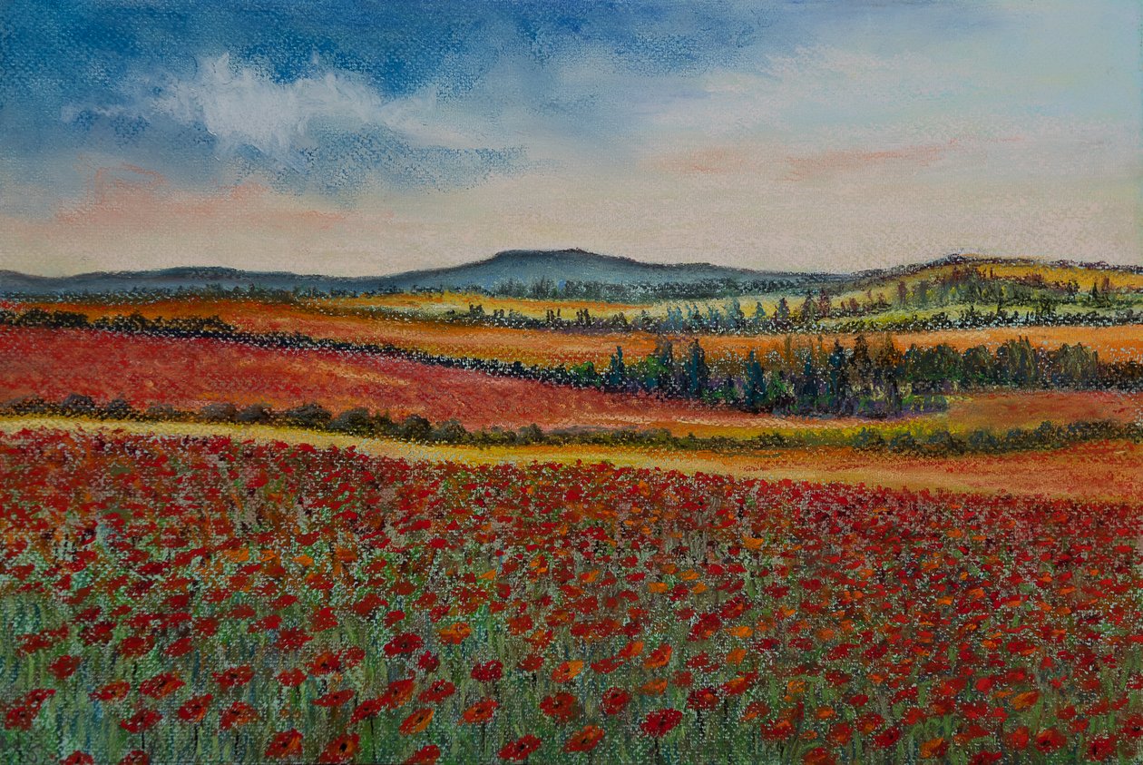 Valmuemarker..Flandern, 2020 (pastell) av Margo Starkey