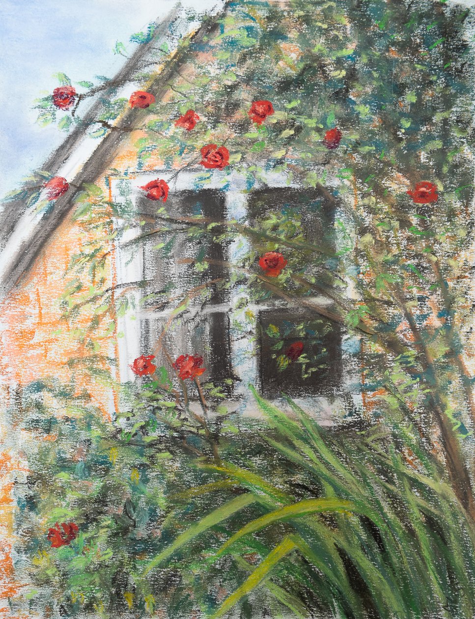 Roser over vindu, 2022 (pastell) av Margo Starkey