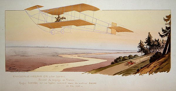 Roger Sommer (1877-1965) flyr en rekorddistanse i Sommer Biplane fra Charleville til Verdun, mai 1910, utgitt av Mabileau, Paris av Marguerite (fl.1909 14) Montaut