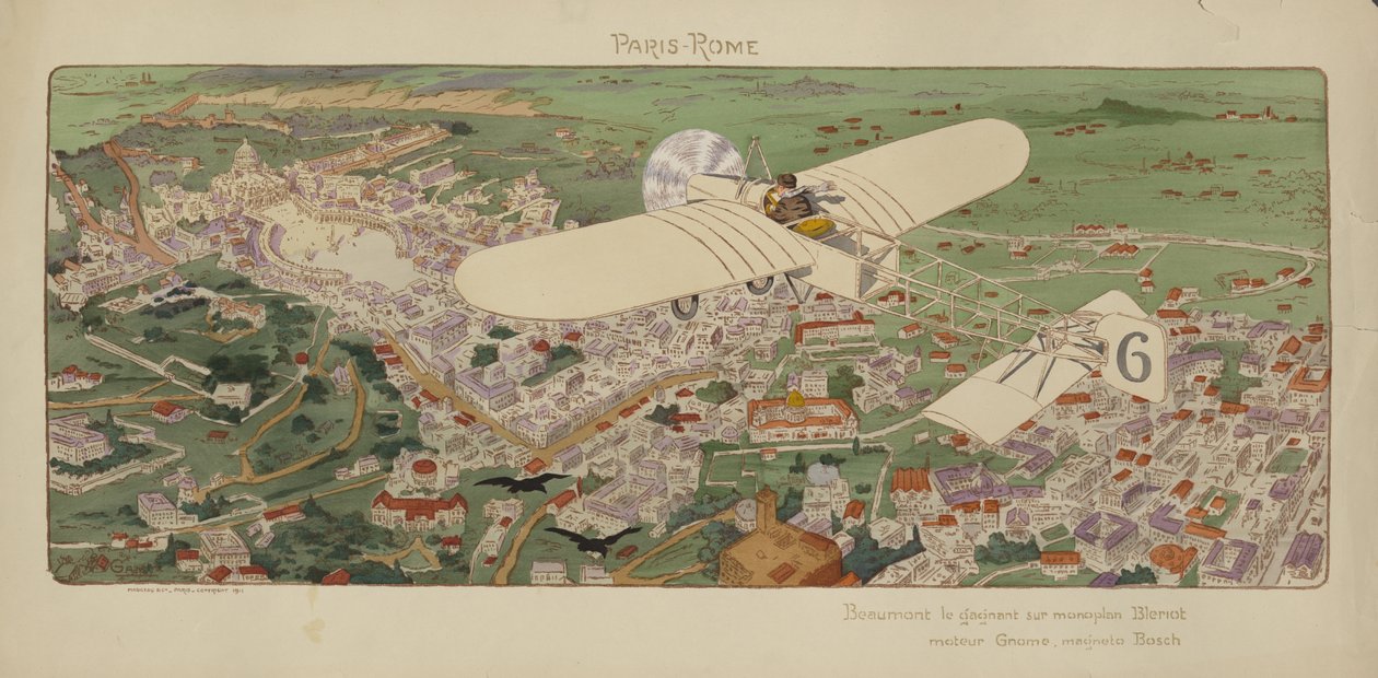 Beaumonts Bleriot-monoplan ankommer Roma og vinner luftkappløpet Paris-Roma av Marguerite (fl.1909 14) Montaut
