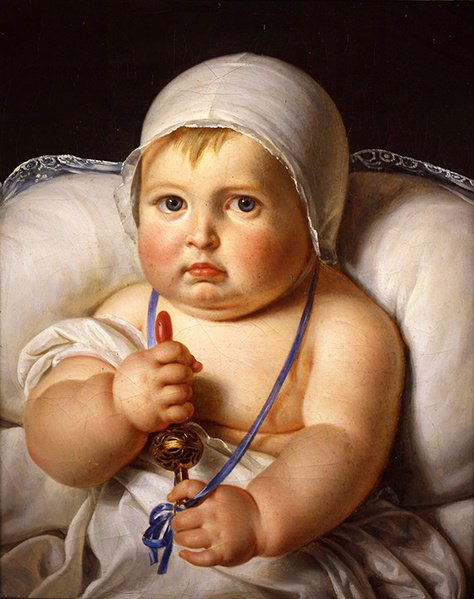 Baby med rangle (olje på lerret) av Marguerite Gerard