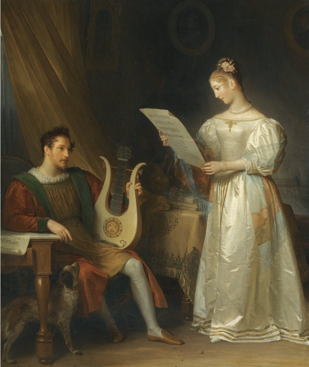 Interiør med en mann som holder en lyre og en kvinne med et partitur av Marguerite Gerard