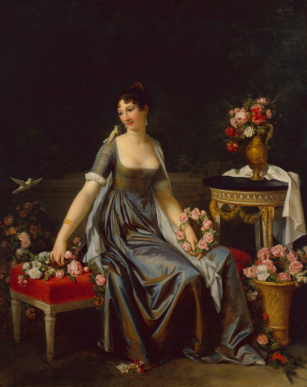 Portrait of a Lady, omgitt av blomster og fugler, ca. 1800 (olje på lerret) av Marguerite Gerard