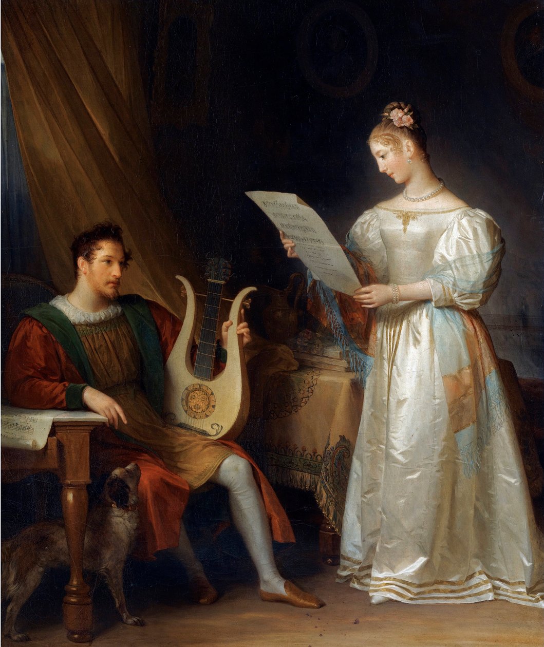 ""En mann som holder en lyre og en kvinne som holder et partitur i et interiør"" (Interiør med en mann som holder en lyre og en kvinne med et partitur) Maleri av Marguerite Gerard (1761-1837), - Olje på lerret Dim 64 ,5x55cm Privat samling av Marguerite Gerard