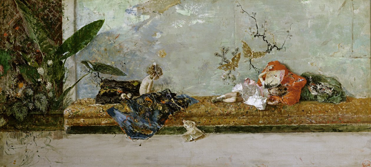 Kunstnerbarna, María Luisa og Mariano, på den japanske salongen, 1874 av Marià Fortuny