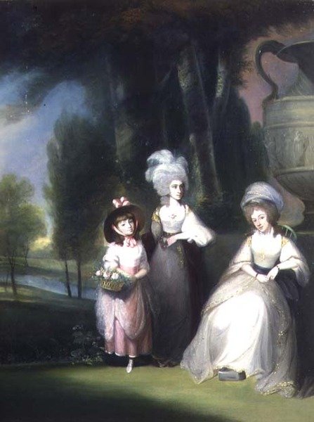 Et gruppeportrett av Lindsey-familien i et klassisk landskap av Maria Spilsbury