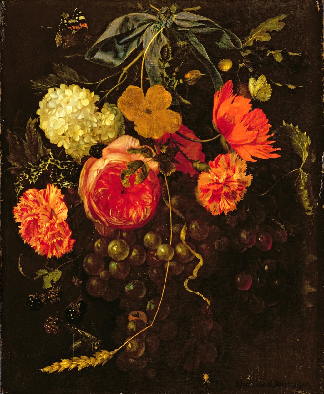 Stilleben med en bylt av frukt og blomster bundet med et blått sløyfe av Maria van Oosterwyck