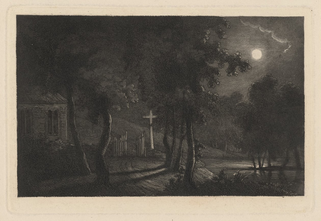 Et kapell ved innsjøen ved Moonlight av Maria Anna Fischer