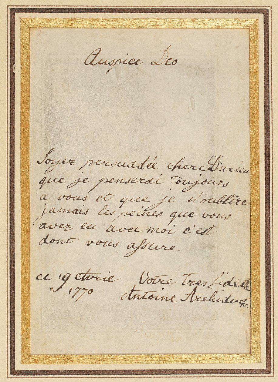 Autografbrev til Thérèse eller Barbe Durieux, datert 19. april 1770 av Maria Antonia Josepha Johanna von Habsburg Lothringen