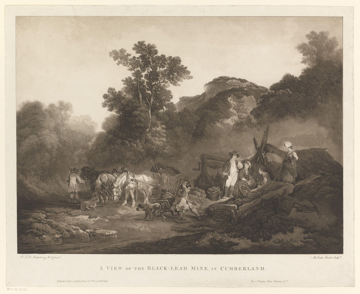 Arbeidere hviler ved Cumberland kullgruve En utsikt over Black-Lead Mine, i Cumberland (tittel på objekt) av Maria Catharina Prestel