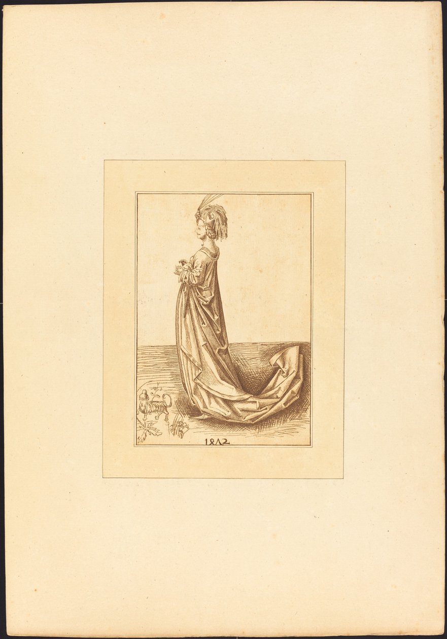 En dame i en lang kjole av Maria Catharina Prestel after Martin Schongauer