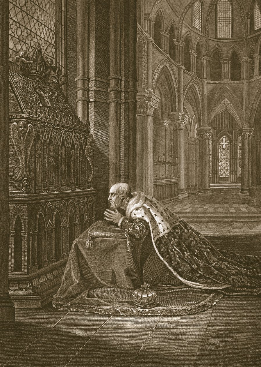 Lewis VII, konge av Frankrike, før Becketts grav, gravert av W. Sharp, illustrasjon fra David Humes 