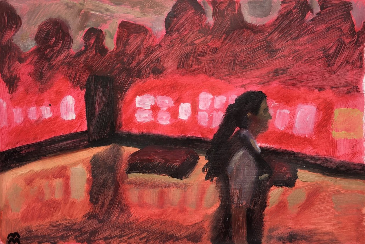 Crimson Room, 2019 (olje på papir) av Maria Magenta