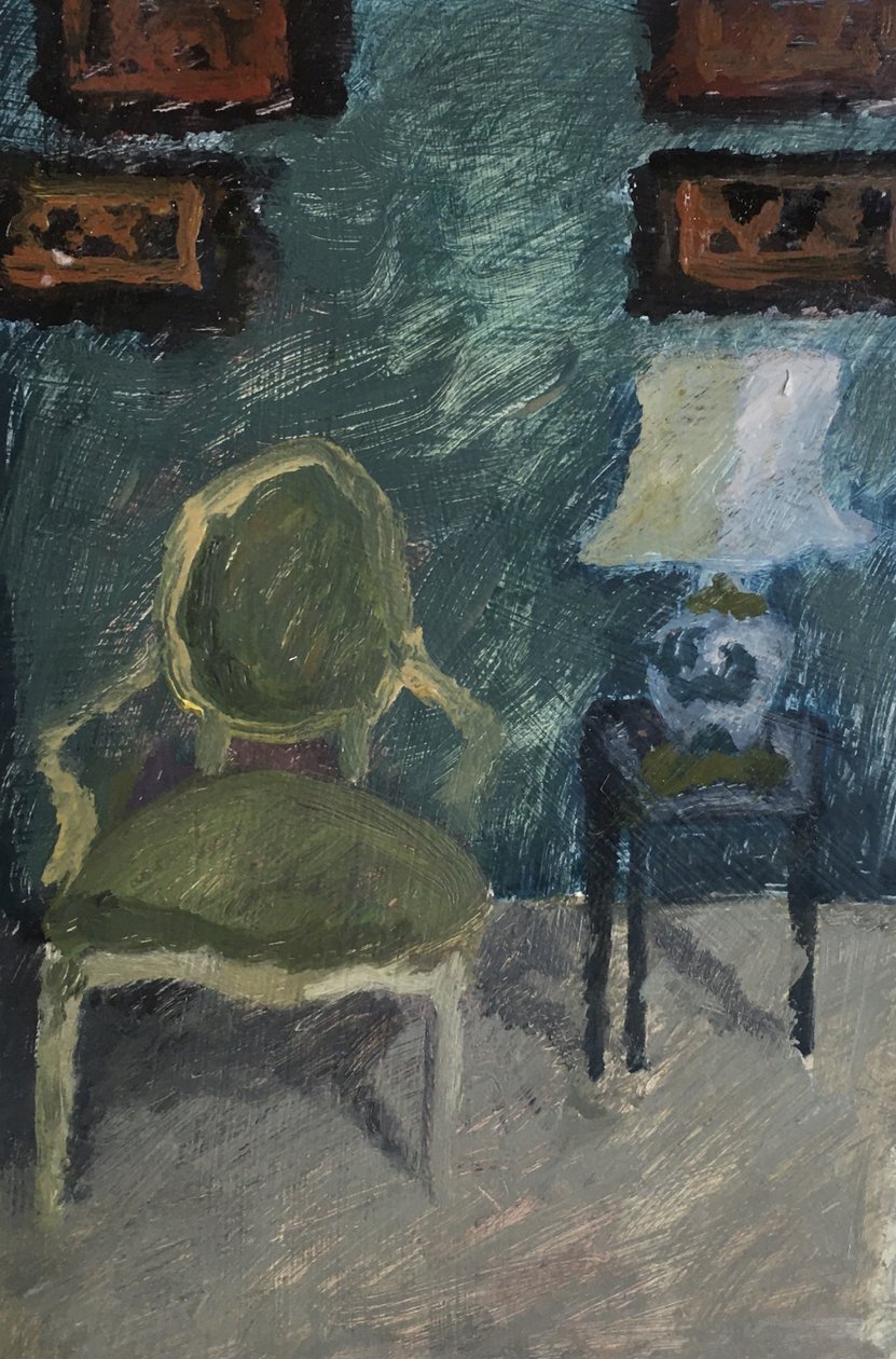 Interiør med lenestol og lampe, 2019 (olje på papir) av Maria Magenta