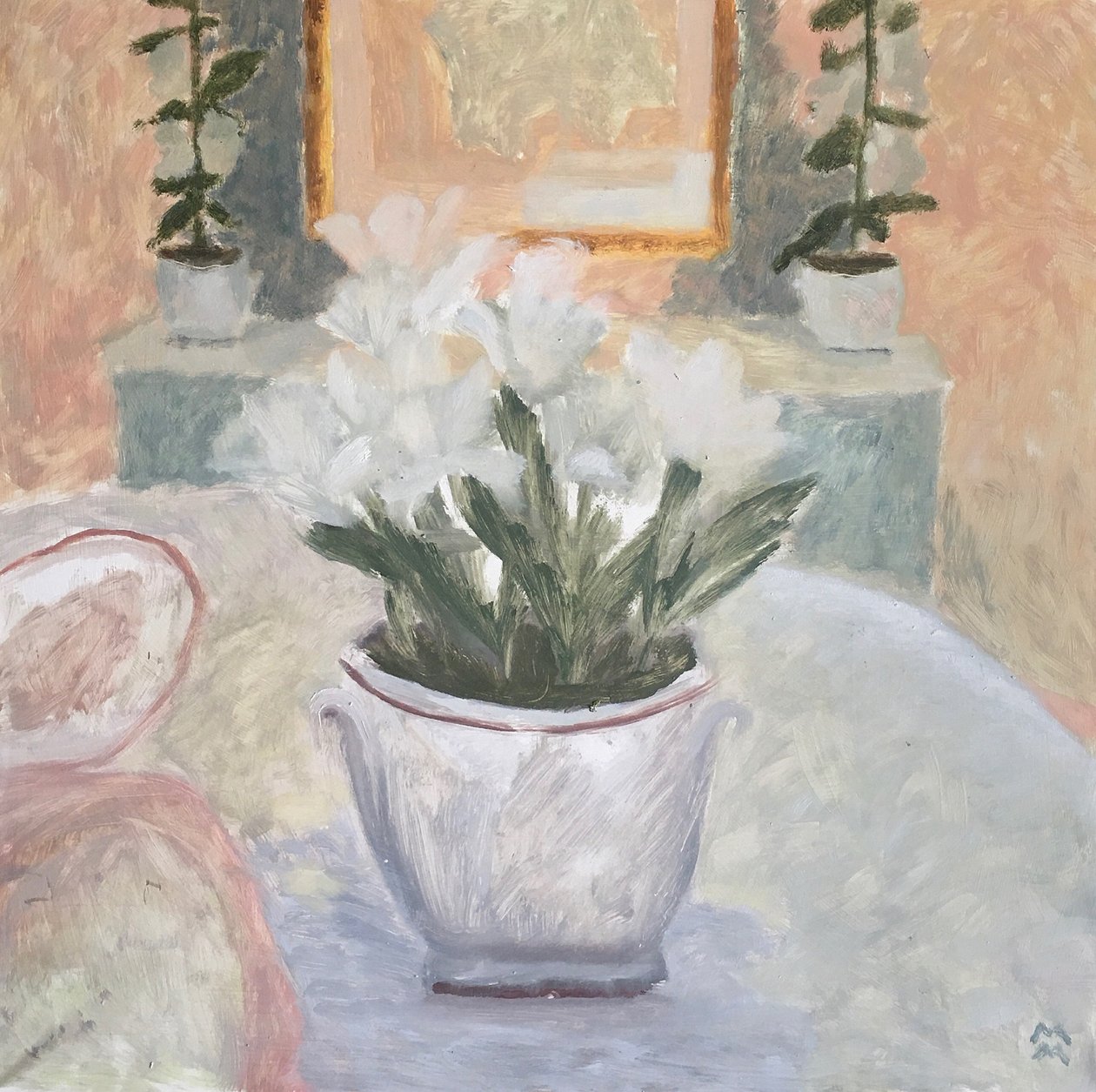 Stilleben med liljer, kveld, 2019 (olje på papir) av Maria Magenta