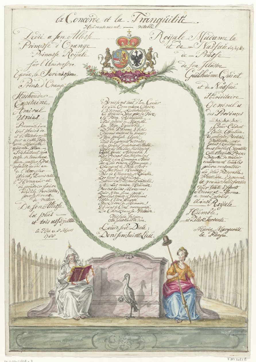 Vers for prinsesse Wilhelmina på førtiårsdagen til prins William V, 1788 la Concorde et la Tranquilité (tittel på objekt) av Maria Margaretha la Fargue