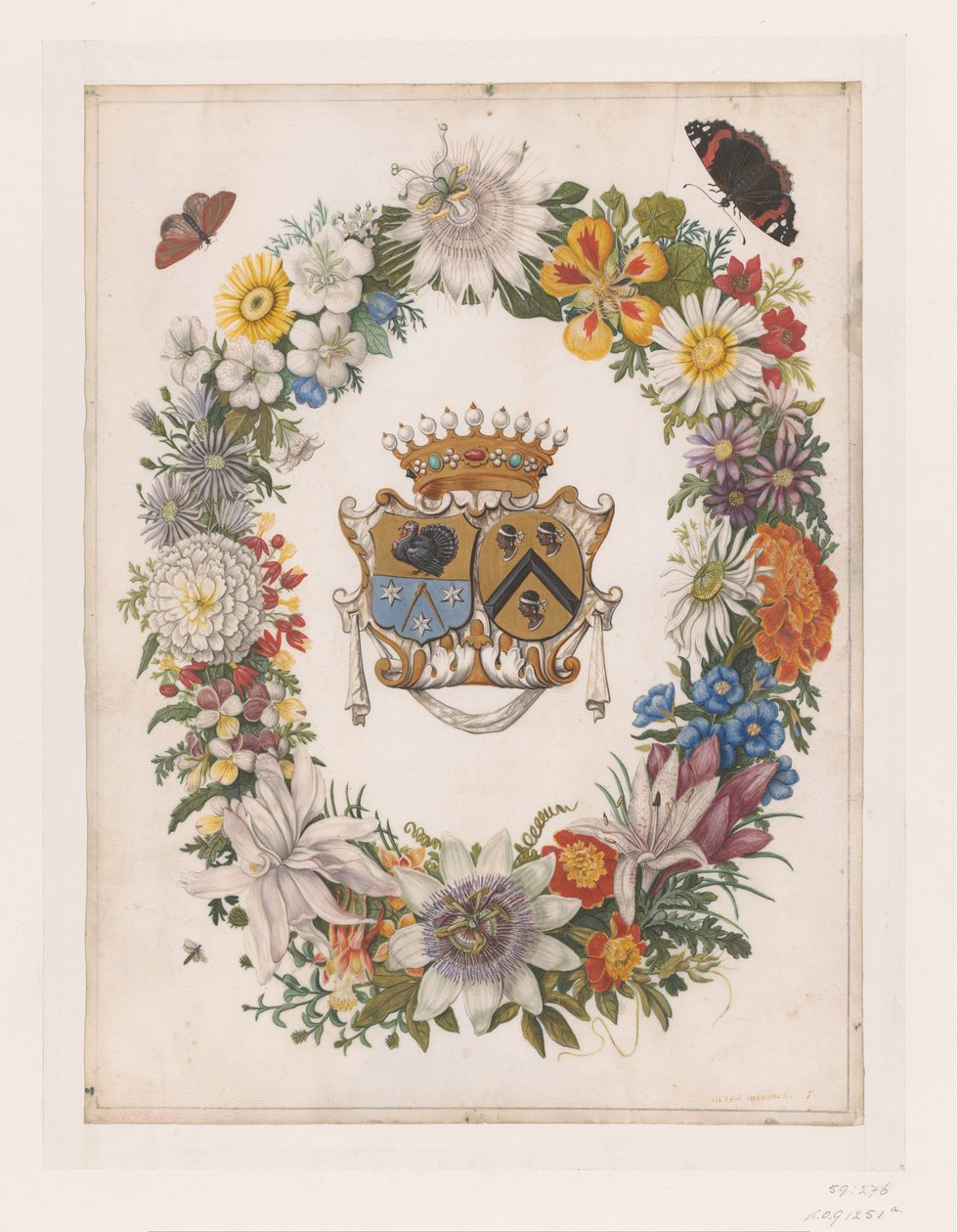 Alliansens våpenskjold til Cornelis Calkoen og Maria van der Merct Alliansens våpenskjold til Cornelis Calkoen og Maria van der Merct i en krans av blomster av Maria Moninckx