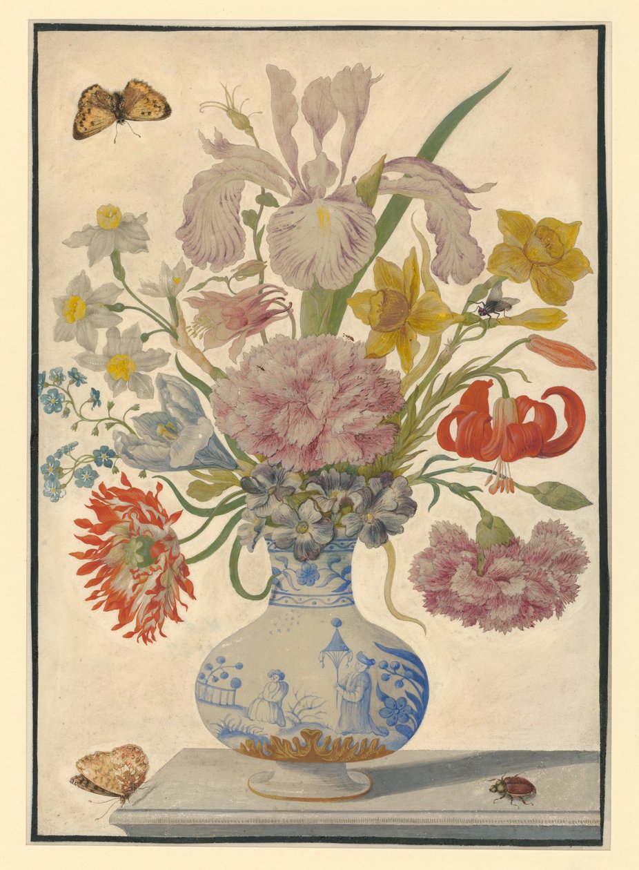 Kinesisk vase med iris, liljer og nelliker. På bordet er en sommerfugl til venstre og en oldenborre til høyre av Maria Sibylla Merian
