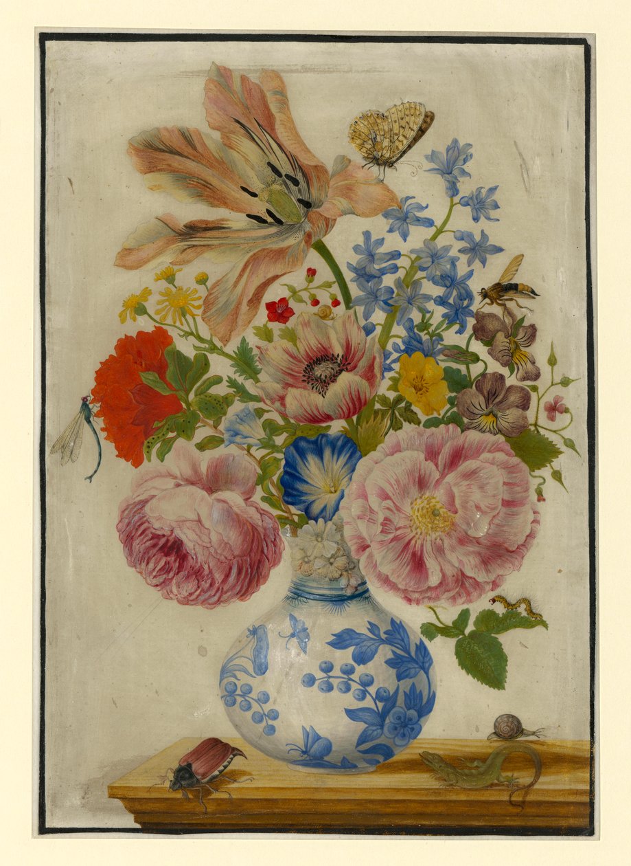 Kinesisk vase med roser, valmuer og nelliker av Maria Sibylla Merian