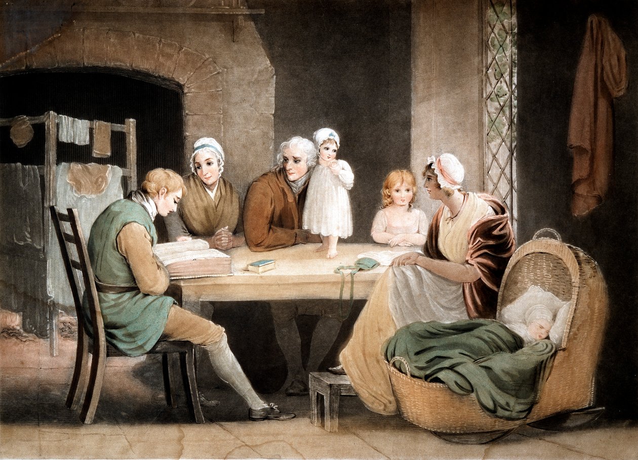 Tre generasjoner lytter til en lesning fra familiebibelen, c1800 av Maria Spilsbury