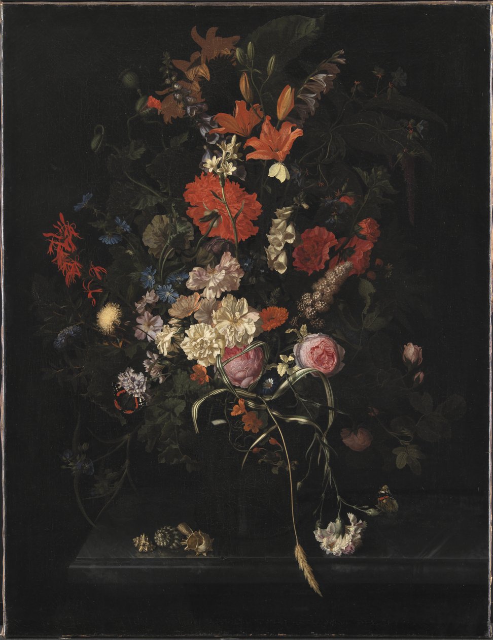 Bukett med blomster i en glassvase av Maria van Oosterwijck