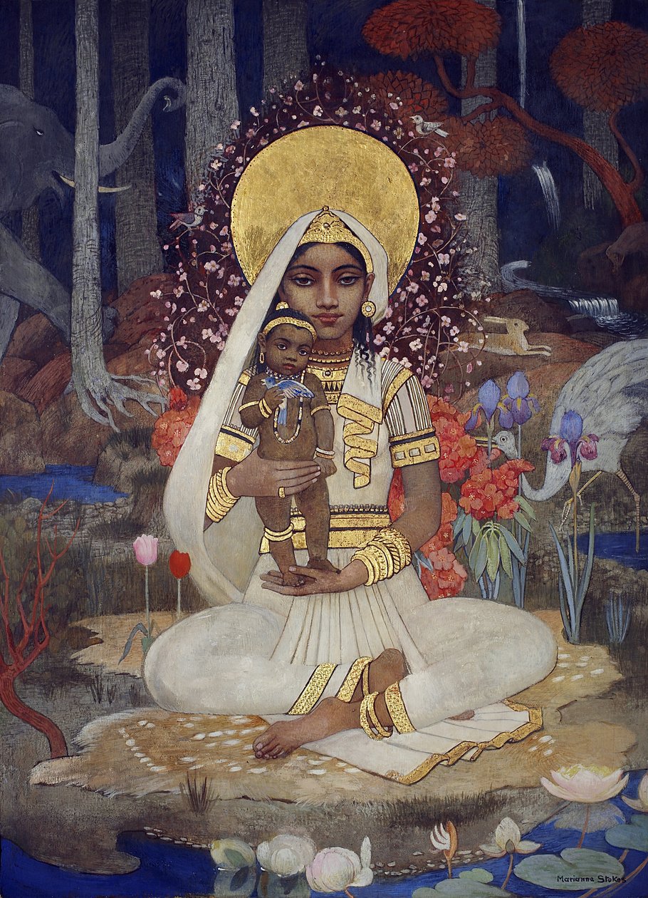Devaki, Krishnas mor (tempera og gullmaling på papir lagt om bord) av Marianne Stokes