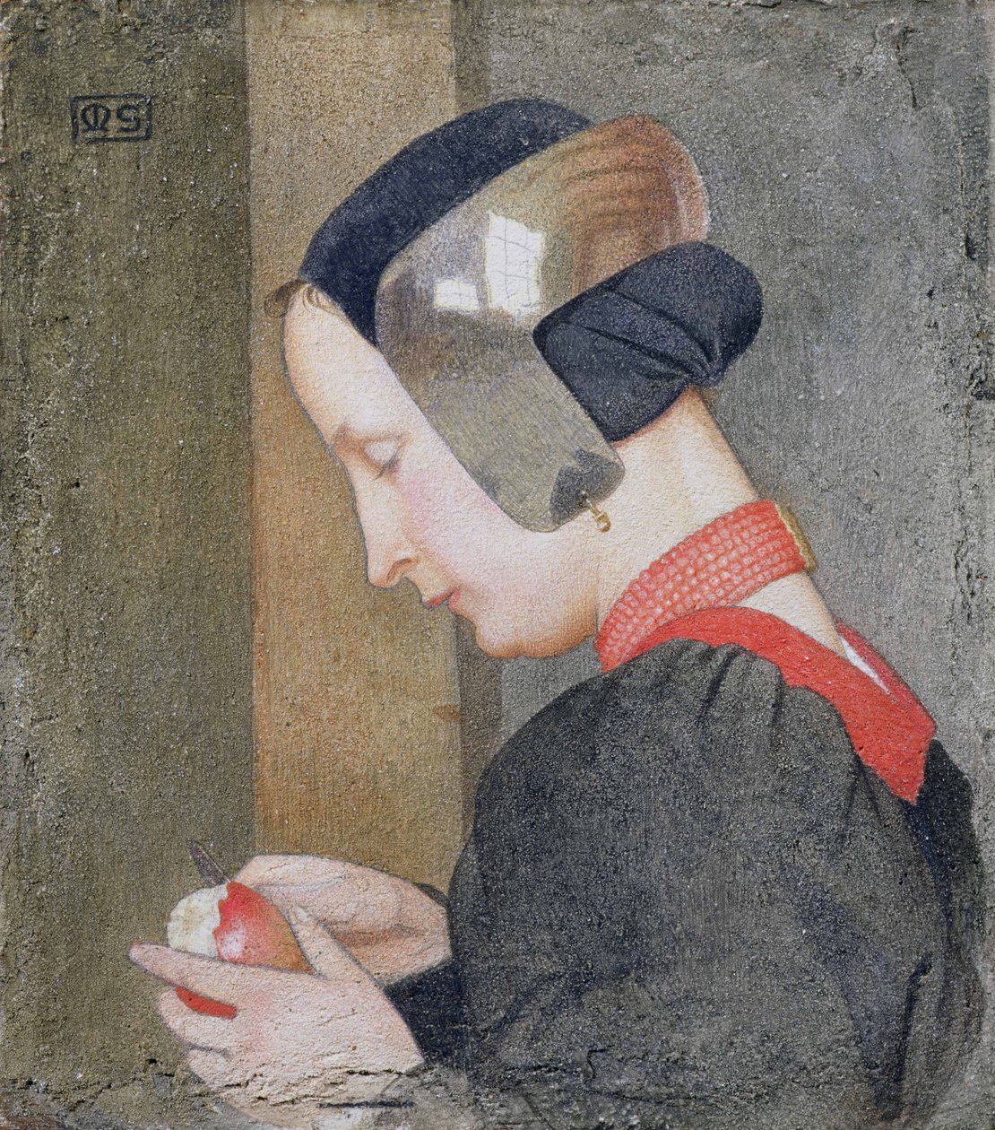 Portrett av en dame som skreller et eple (tempera på gessoed panel) av Marianne Stokes