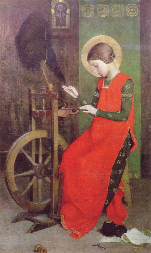 St. Elizabeth av Ungarn som snurrer for de fattige av Marianne Stokes