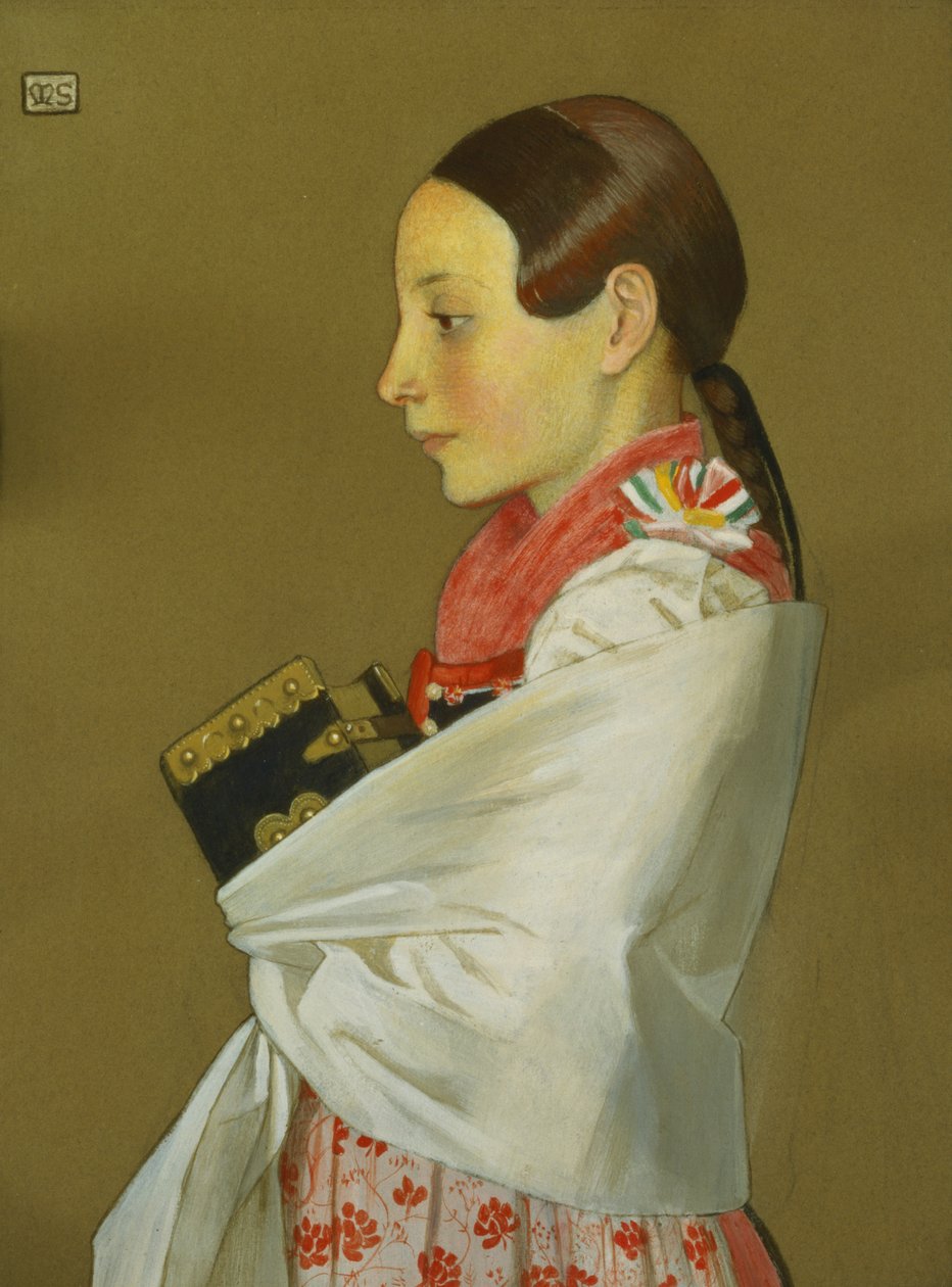 Ung jente fra Menguszfalva går til kirken, ca. 1905-07 (kull og gouache på papir) av Marianne Stokes