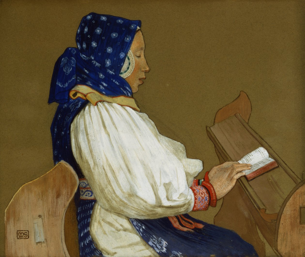 En slovakisk kvinne ved bønn, Vazcecz, Ungarn, 1907 av Marianne Stokes