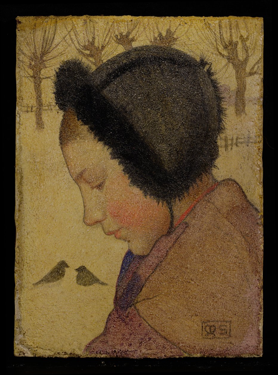Leder for en ung jente i en pelshatt (olje og gesso om bord) av Marianne Stokes